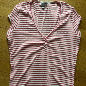 BEBE Logo Capped Sleeve V-Neck, Ribbed Shirt, Size L in Pink and White Stripe